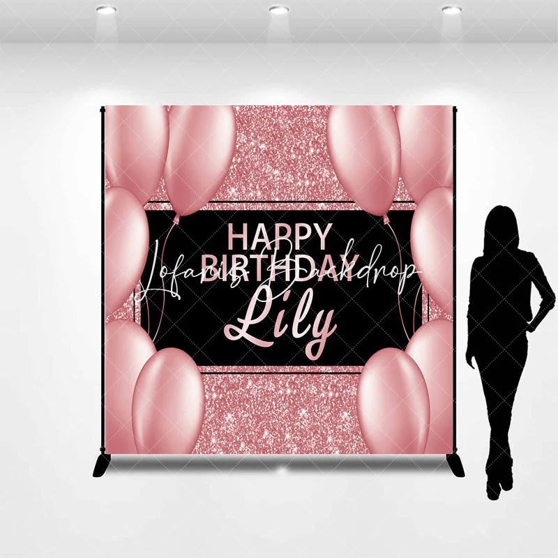 Lofaris Elegant Rose Gold Glitter Black Happy Birthday Custom Backdrop Personalized Name Party Decor with Balloons