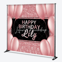 Lofaris Elegant Rose Gold Glitter Black Happy Birthday Custom Backdrop Personalized Name Party Decor with Balloons