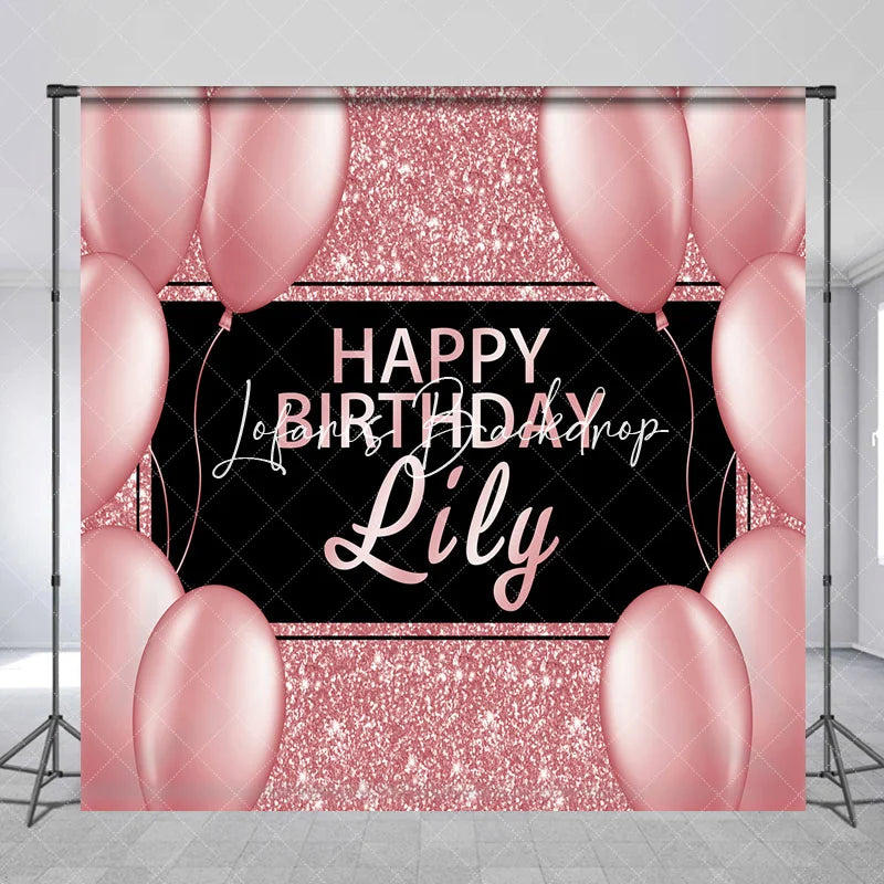 Lofaris Elegant Rose Gold Glitter Black Happy Birthday Custom Backdrop Personalized Name Party Decor with Balloons