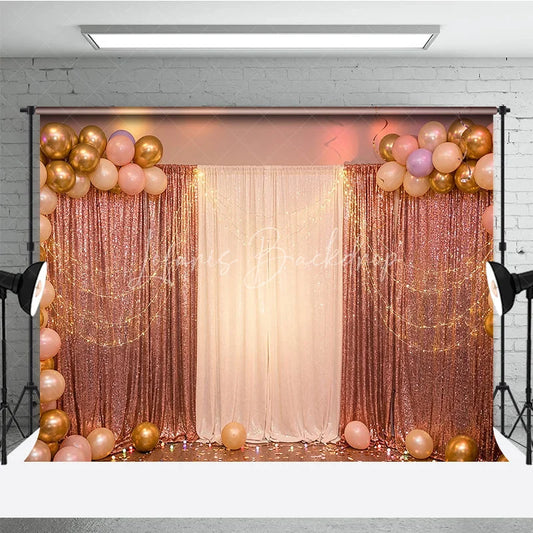 Lofaris Elegant Rose Gold Sequin and White Curtain Photography Backdrop with Balloons String Lights for Party Decor