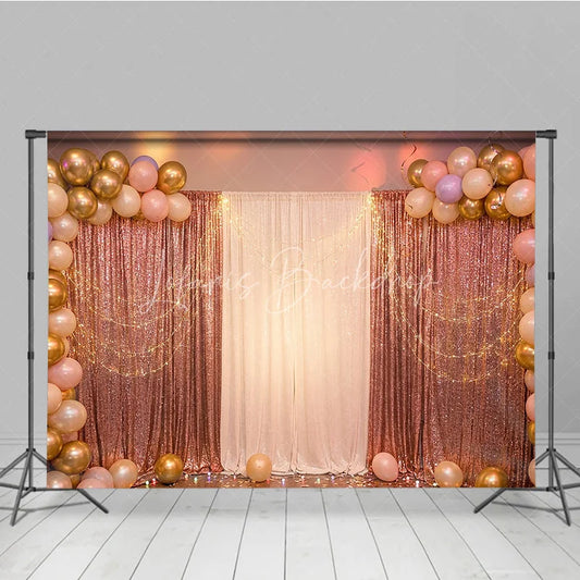 Lofaris Elegant Rose Gold Sequin and White Curtain Photography Backdrop with Balloons String Lights for Party Decor