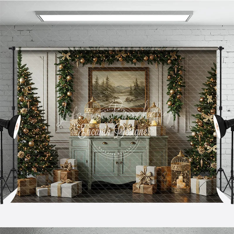 Lofaris Elegant Sage Green Christmas Photography Backdrop Vintage Console with Trees Gold Cages Holiday Background