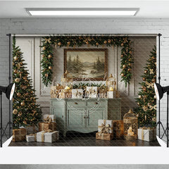 Lofaris Elegant Sage Green Christmas Photography Backdrop Vintage Console with Trees Gold Cages Holiday Background