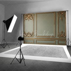 Lofaris Elegant Sage Green Wall with Golden Ornate Moldings and Cherubs Photography Backdrop Classical Fine Art Decor