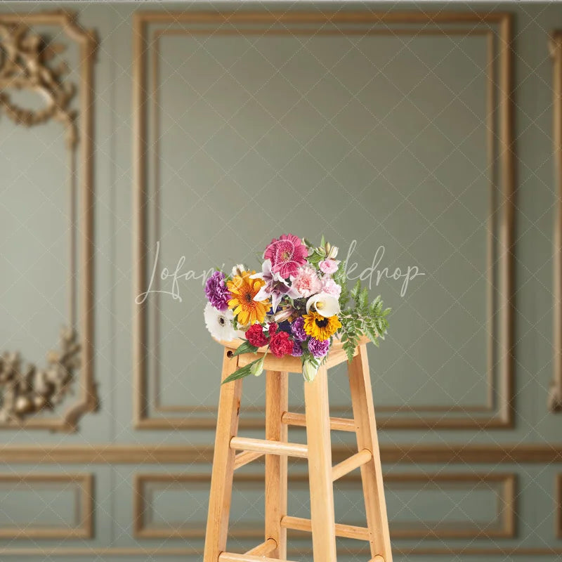Lofaris Elegant Sage Green Wall with Golden Ornate Moldings and Cherubs Photography Backdrop Classical Fine Art Decor