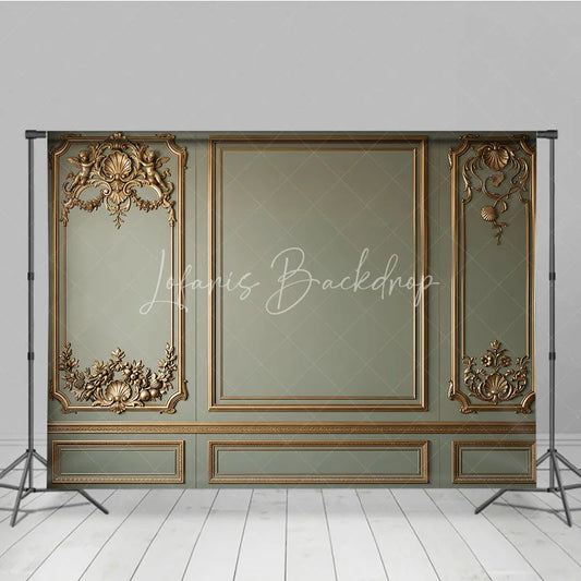 Lofaris Elegant Sage Green Wall with Golden Ornate Moldings and Cherubs Photography Backdrop Classical Fine Art Decor