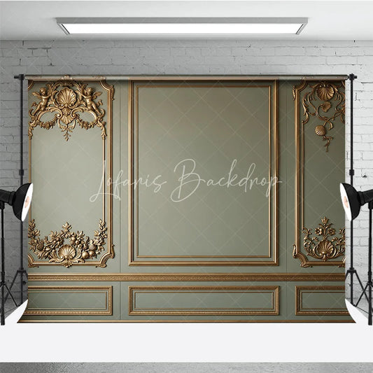Lofaris Elegant Sage Green Wall with Golden Ornate Moldings and Cherubs Photography Backdrop Classical Fine Art Decor