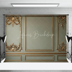 Lofaris Elegant Sage Green Wall with Golden Ornate Moldings and Cherubs Photography Backdrop Classical Fine Art Decor