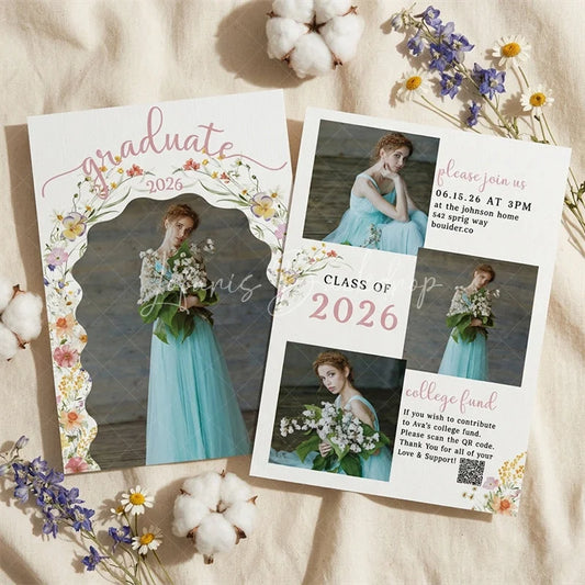Lofaris Elegant Set of 20 Custom Class 2026 Graduation Party Invitation Watercolor Floral Arch and Portrait Design