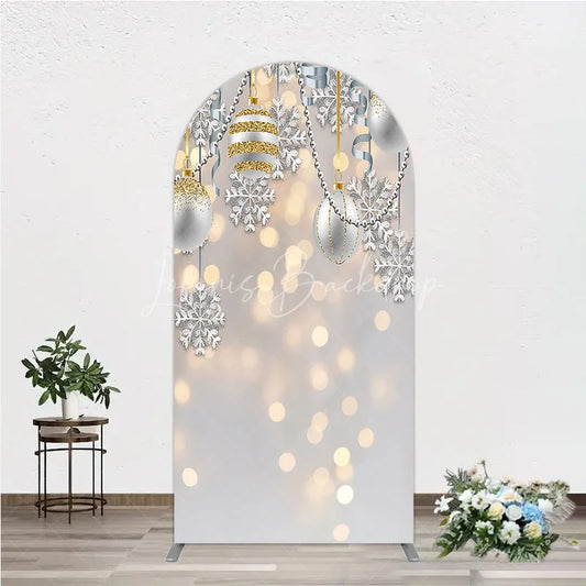 Lofaris Elegant Silver and Gold Glitter Christmas Ornaments Round Top Arch Backdrop Winter Snowflake Holiday Party Decoration