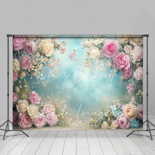 Lofaris Elegant Spring Floral Backdrop Pink and Cream Roses Light Blue Sky Photography Background for Wedding