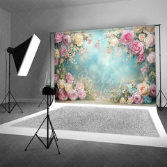Lofaris Elegant Spring Floral Backdrop Pink and Cream Roses Light Blue Sky Photography Background for Wedding