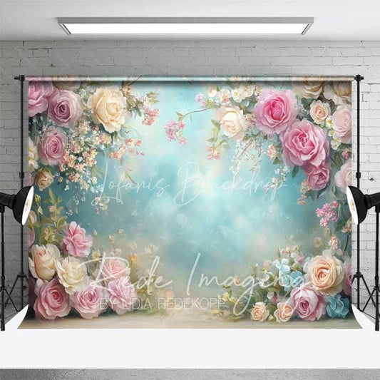 Lofaris Elegant Spring Floral Backdrop Pink and Cream Roses Light Blue Sky Photography Background for Wedding