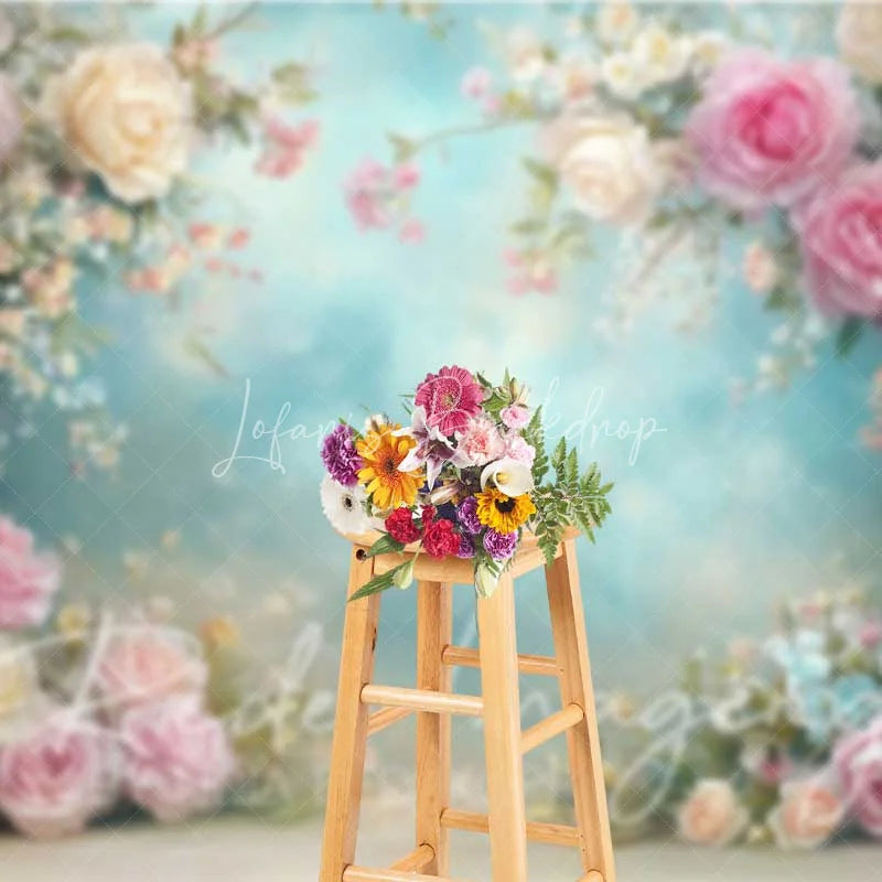 Lofaris Elegant Spring Floral Backdrop Pink and Cream Roses Light Blue Sky Photography Background for Wedding