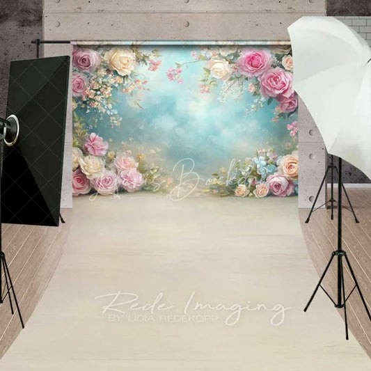 Lofaris Elegant Spring Floral Roses Backdrop Pastel Flowers Blue Sky Wooden Floor for Baby Shower Wedding Photography