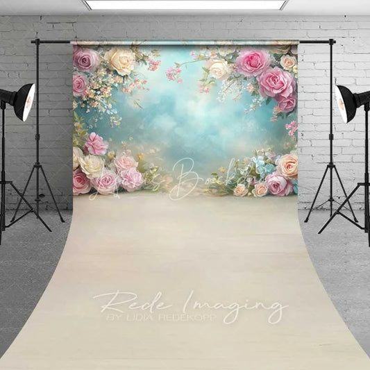 Lofaris Elegant Spring Floral Roses Backdrop Pastel Flowers Blue Sky Wooden Floor for Baby Shower Wedding Photography