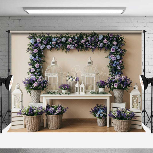 Lofaris Elegant Spring Wedding Table Backdrop Purple and Blue Floral Frame with Birdcages Garden Party Photo Prop Decor