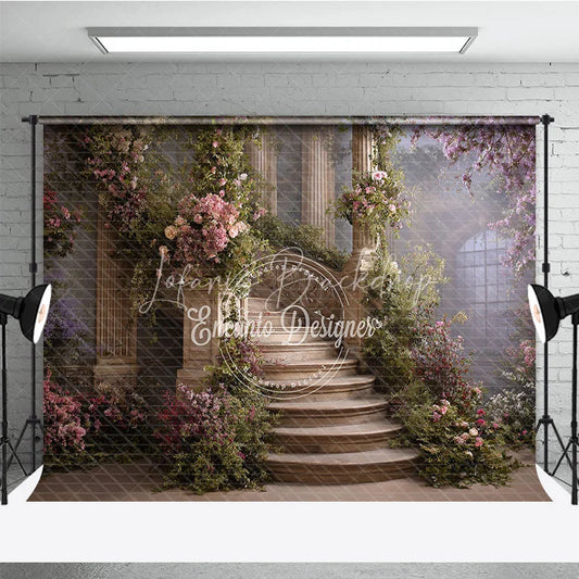 Lofaris Elegant Stone Staircase Photography Backdrop with Pink and Purple Flowers Lush Greenery Columns for Fairytale Garden.