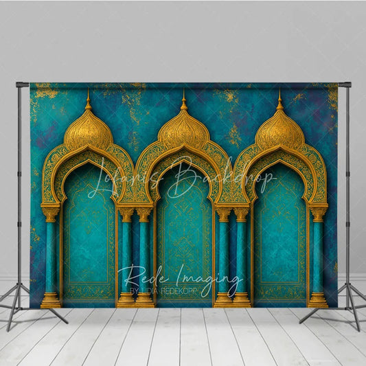 Lofaris Elegant Teal and Gold Moroccan Arches Photography Backdrop Exotic Arabian Palace Theme Textured Photo Studio Decor