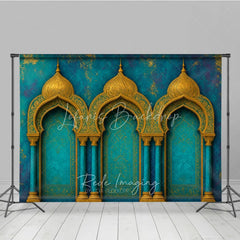 Lofaris Elegant Teal and Gold Moroccan Arches Photography Backdrop Exotic Arabian Palace Theme Textured Photo Studio Decor