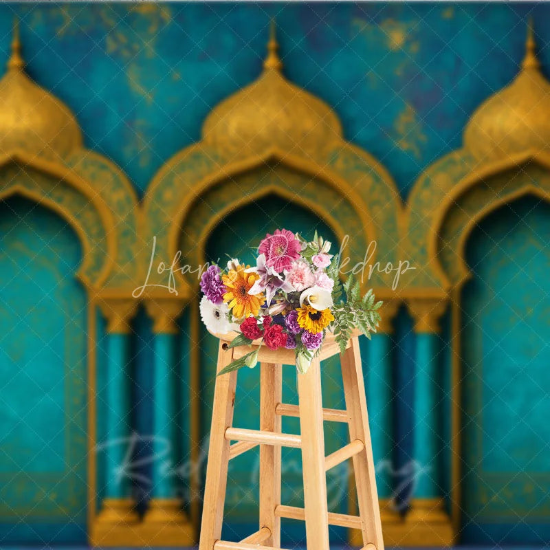 Lofaris Elegant Teal and Gold Moroccan Arches Photography Backdrop Exotic Arabian Palace Theme Textured Photo Studio Decor