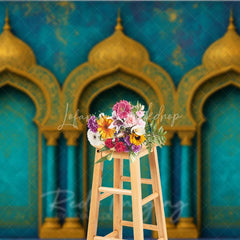 Lofaris Elegant Teal and Gold Moroccan Arches Photography Backdrop Exotic Arabian Palace Theme Textured Photo Studio Decor