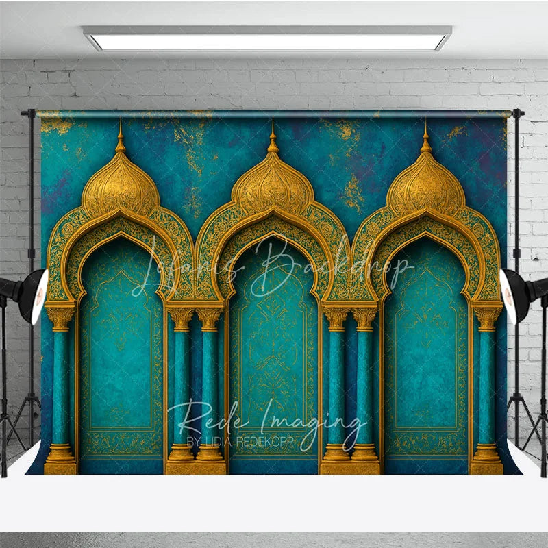 Lofaris Elegant Teal and Gold Moroccan Arches Photography Backdrop Exotic Arabian Palace Theme Textured Photo Studio Decor
