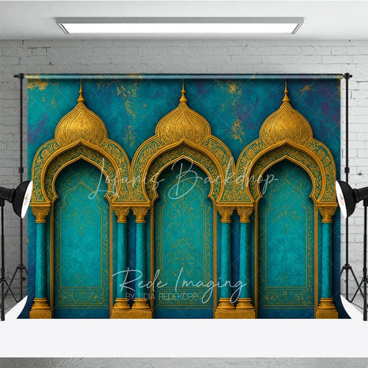 Lofaris Elegant Teal and Gold Moroccan Arches Photography Backdrop Exotic Arabian Palace Theme Textured Photo Studio Decor