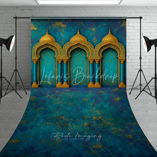 Lofaris Elegant Teal Blue and Gold Ornate Archways Sweep Backdrop Exotic Moroccan Palace Photography Background