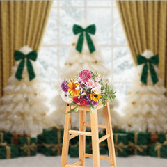 Lofaris Elegant Tulle Christmas Tree Photography Backdrop Green Bows and Gold Curtains Whimsical Holiday Photo Background