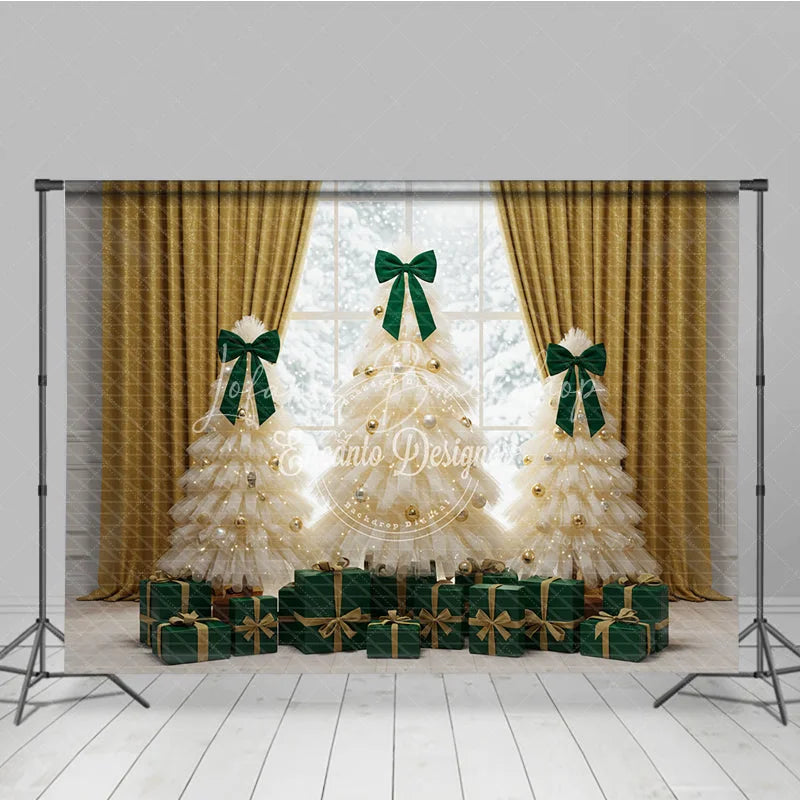 Lofaris Elegant Tulle Christmas Tree Photography Backdrop Green Bows and Gold Curtains Whimsical Holiday Photo Background