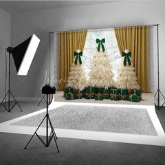 Lofaris Elegant Tulle Christmas Tree Photography Backdrop Green Bows and Gold Curtains Whimsical Holiday Photo Background