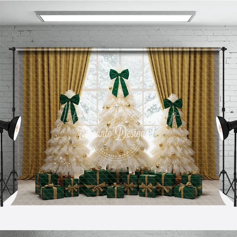 Lofaris Elegant Tulle Christmas Tree Photography Backdrop Green Bows and Gold Curtains Whimsical Holiday Photo Background