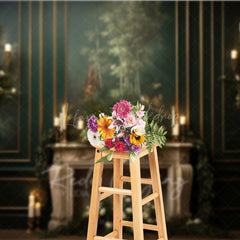 Lofaris Elegant Vintage Fireplace Photography Backdrop Dark Green Mural Wall with Candles Moody Romantic Photo Background