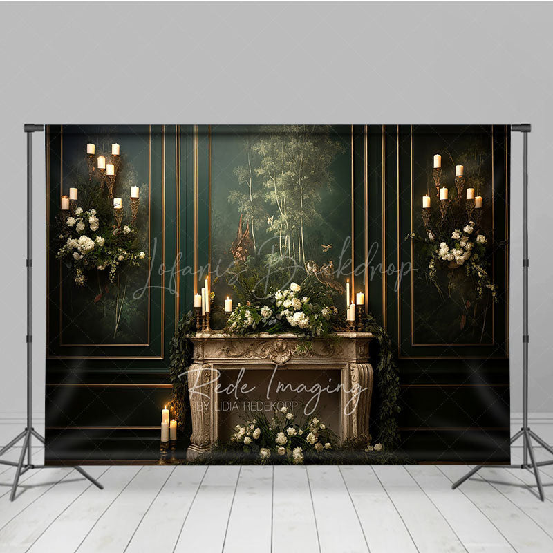 Lofaris Elegant Vintage Fireplace Photography Backdrop Dark Green Mural Wall with Candles Moody Romantic Photo Background