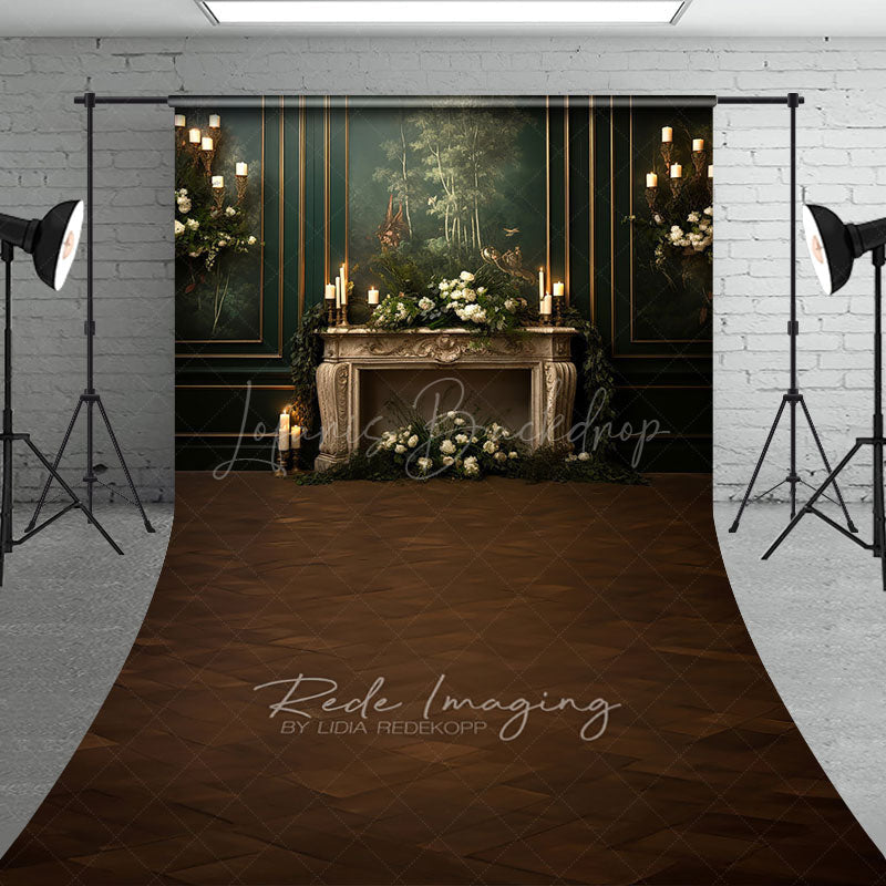 Lofaris Elegant Vintage Fireplace Sweep Backdrop Dark Green Mural Wall with Candles Moody Romantic Photo Floor Drop