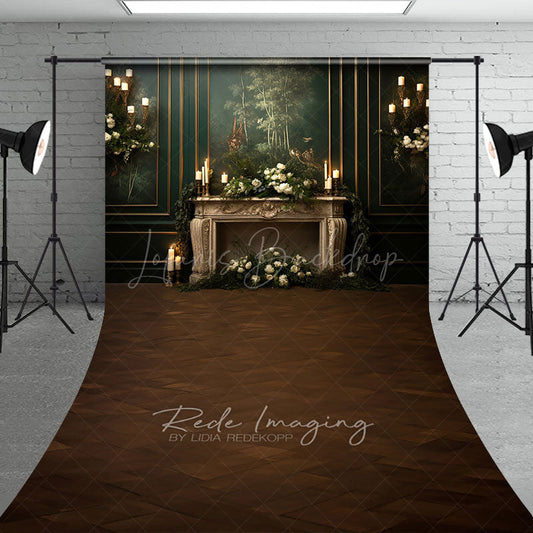 Lofaris Elegant Vintage Fireplace Sweep Backdrop Dark Green Mural Wall with Candles Moody Romantic Photo Floor Drop