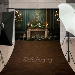 Lofaris Elegant Vintage Fireplace Sweep Backdrop Dark Green Mural Wall with Candles Moody Romantic Photo Floor Drop