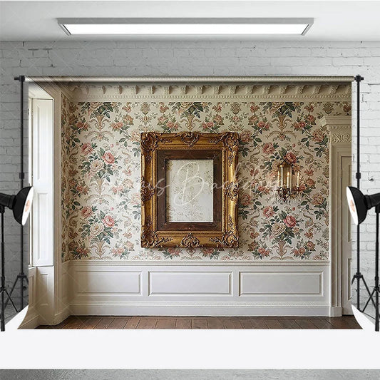Lofaris Elegant Vintage Floral Wallpaper Photography Backdrop with Ornate Gold Frame and White Wainscoting for Studio Portraits