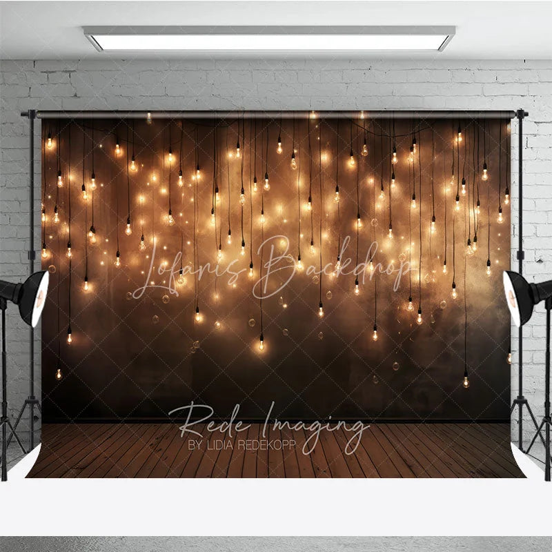Lofaris Elegant Warm Glow Hanging Light Bulbs Photography Backdrop Dark Textured Wall with Wooden Floor