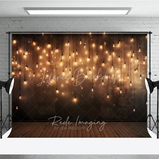 Lofaris Elegant Warm Glow Hanging Light Bulbs Photography Backdrop Dark Textured Wall with Wooden Floor
