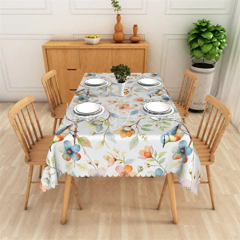 Lofaris Elegant Watercolor Bird and Blossom Rectangle Tablecloth Nature Inspired Scalloped Edge Decor