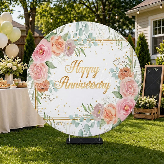 Lofaris Elegant Watercolor Happy Anniversary Round Backdrop featuring Pink Peach Roses and Golden Glitter Sprinkles.