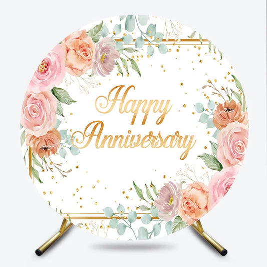 Lofaris Elegant Watercolor Happy Anniversary Round Backdrop featuring Pink Peach Roses and Golden Glitter Sprinkles.