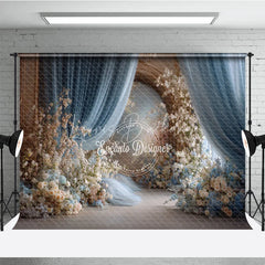Lofaris Elegant Wedding Aisle Backdrop Blue Drapes with White and Peach Flowers Romantic Bridal Shower Photo Background