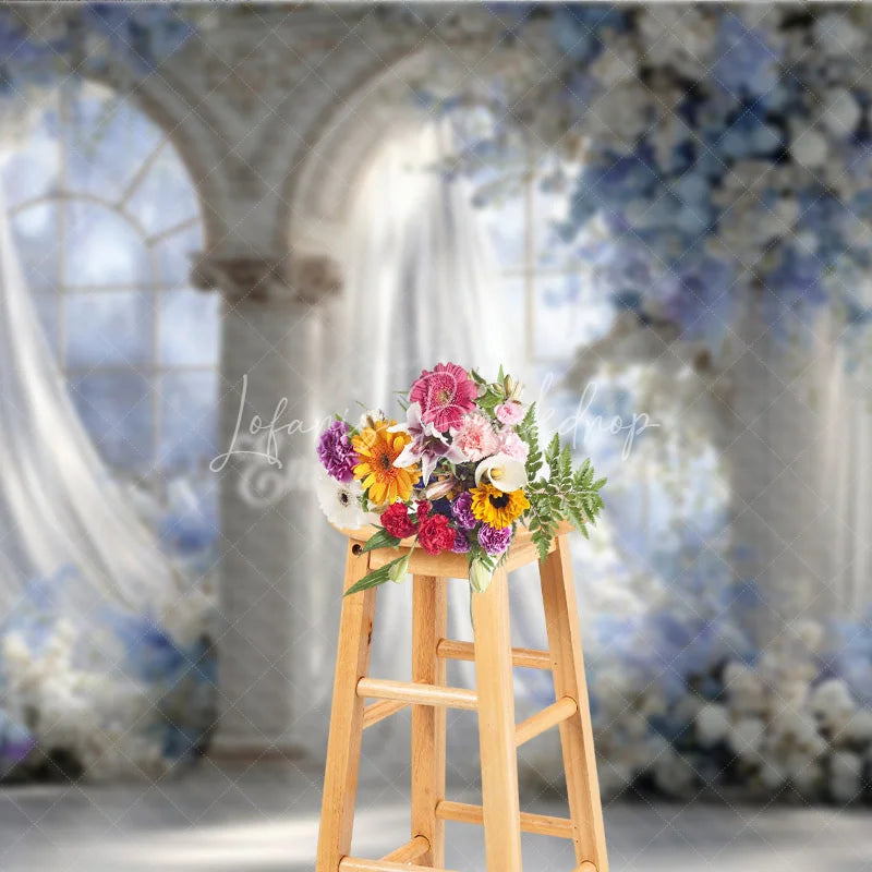 Lofaris Elegant Wedding Arch Backdrop Blue and White Floral Window Sheer Curtains Photography Background Props