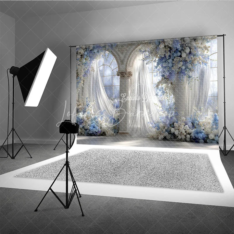 Lofaris Elegant Wedding Arch Backdrop Blue and White Floral Window Sheer Curtains Photography Background Props