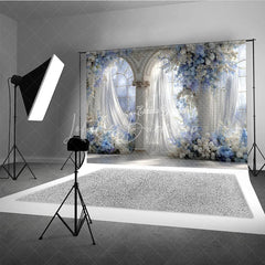 Lofaris Elegant Wedding Arch Backdrop Blue and White Floral Window Sheer Curtains Photography Background Props