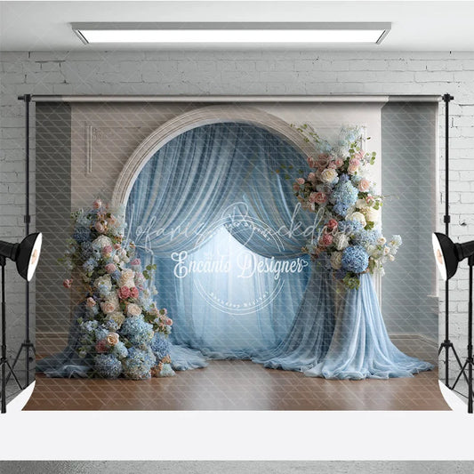 Lofaris Elegant Wedding Arch Backdrop White with Dusty Blue Drapes Pink Floral Decor for Bridal Shower
