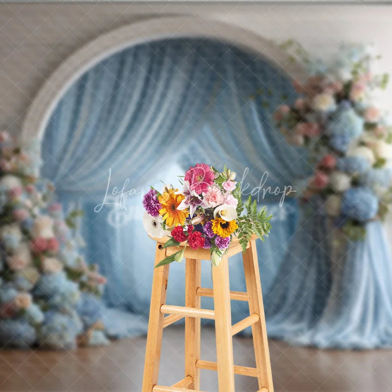 Lofaris Elegant Wedding Arch Backdrop White with Dusty Blue Drapes Pink Floral Decor for Bridal Shower